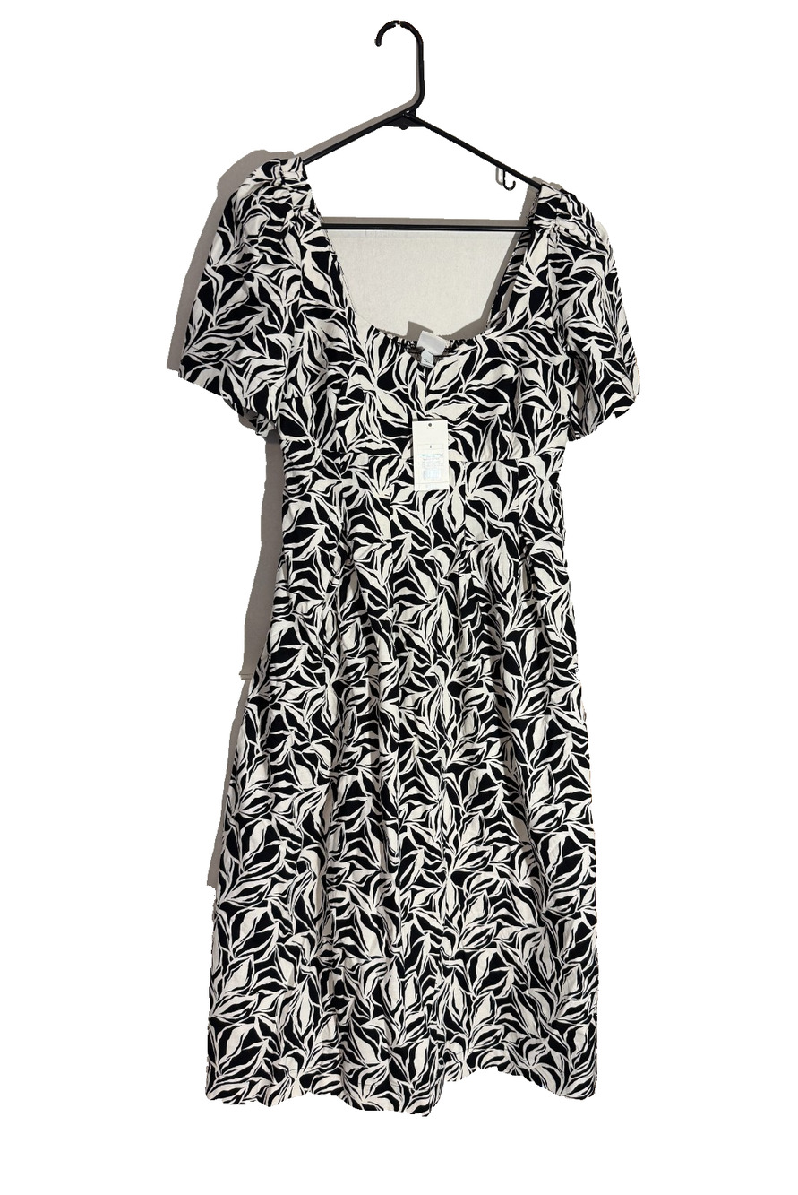 A New Day Womens Floral Midi Dress Size 8 Black White Short Sleeve NWT